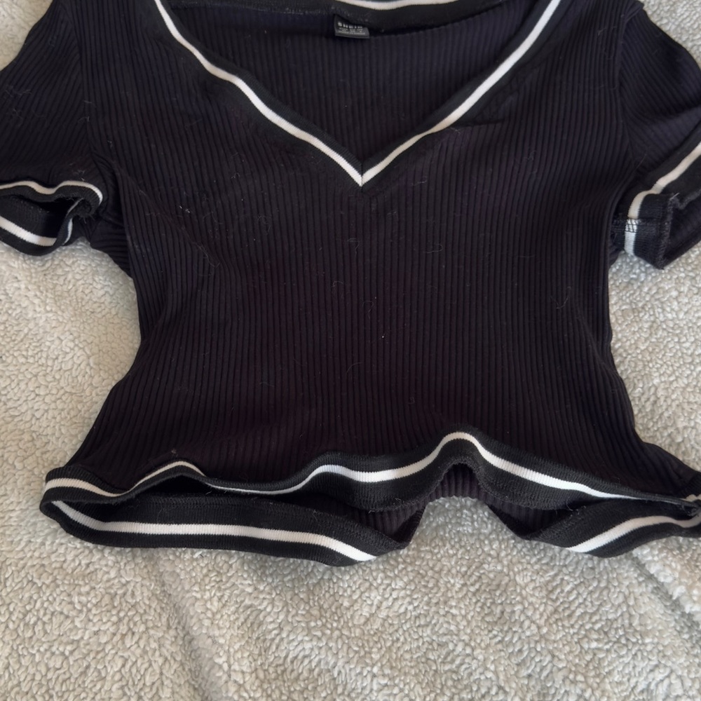 Black V-Neck Ribbed Women's Top